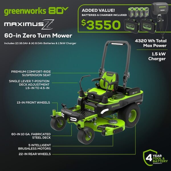 Greenworks Maximus 60-in 40-HP Brushless Motor Zero-turn Riding Lawn Mower (CARB) - Image 4