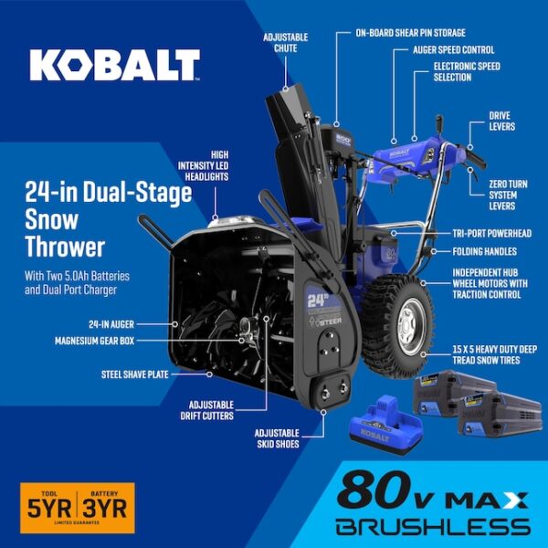 Kobalt 80-volt 24-in Two-stage Self-propelled Battery Snow Blower 5 Ah (Battery and Charger Included) - Image 5